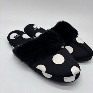 Victoria's‎ Secret Large Satin Faux Fur Trim Black White Polka Dot Slippers New